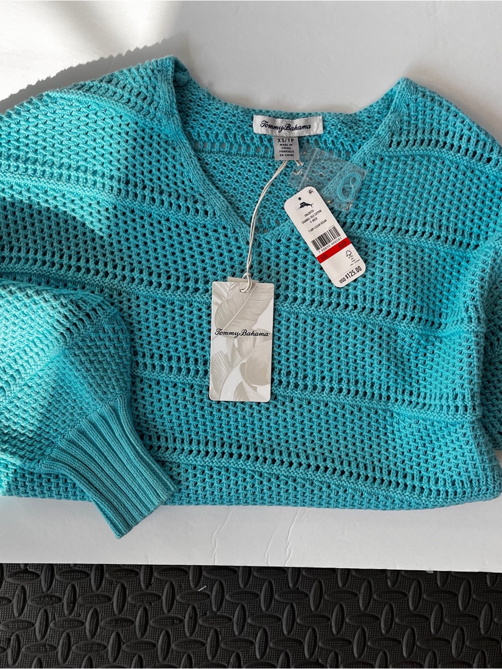 Tommy Bahama Women's Turquoise Open-Knit V-Neck Sweater